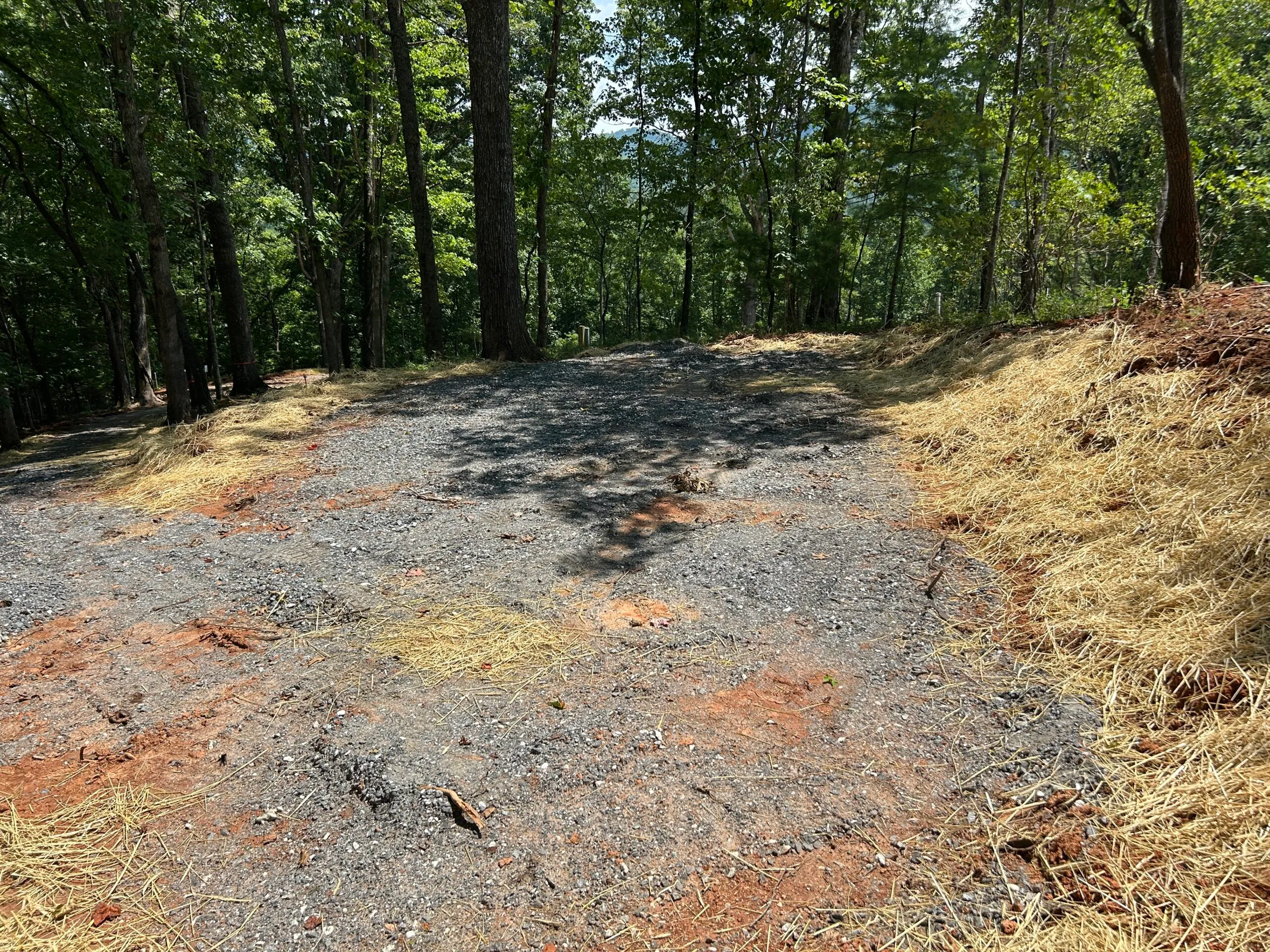 Cleared land in a wooded area, with gravel and straw spread across the ground