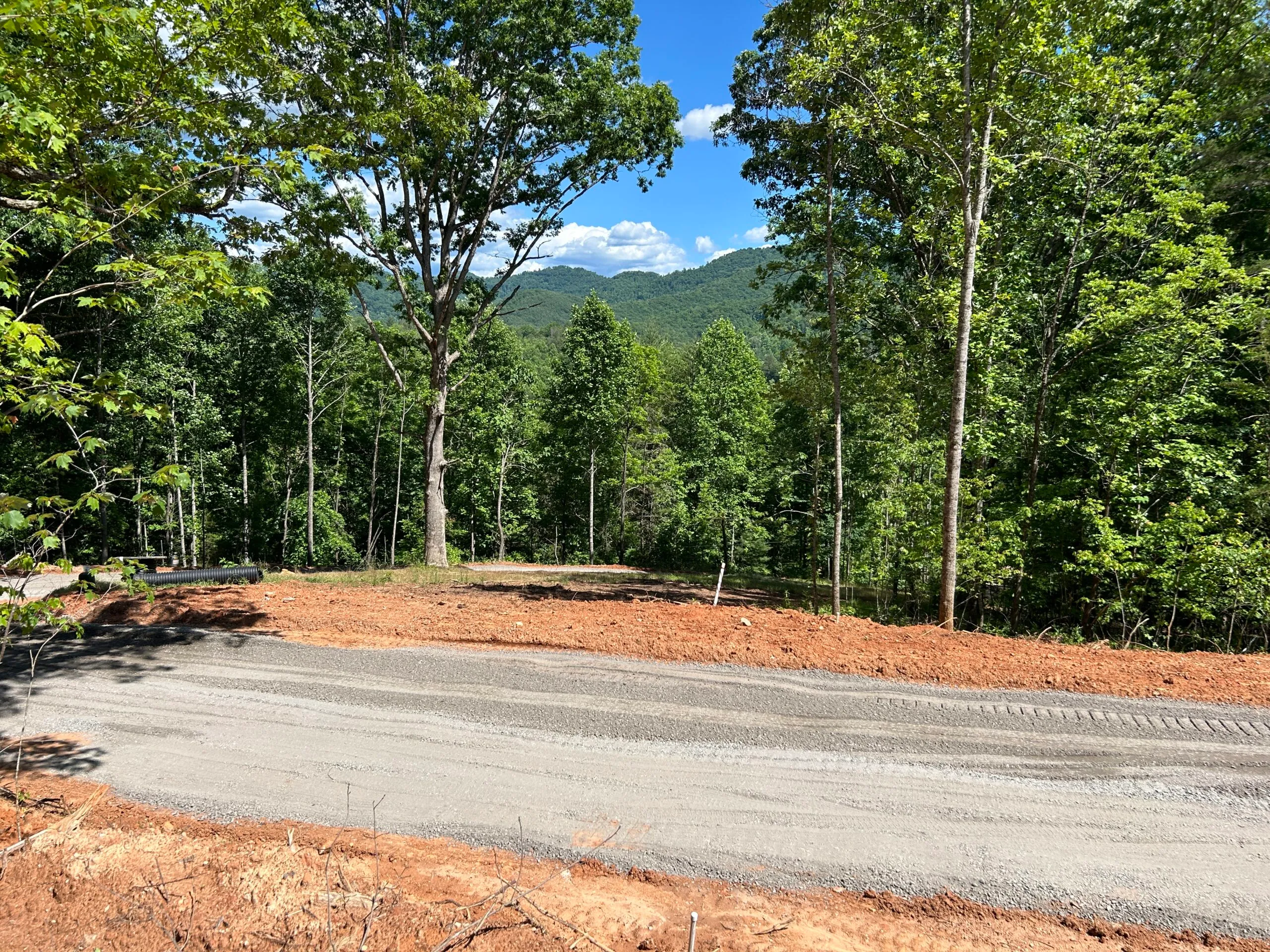 Cleared land surrounded by trees, with a gravel road curving through