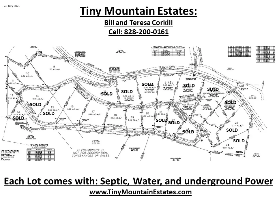 Map of Tiny Mountain Estates, showing available and sold lots.